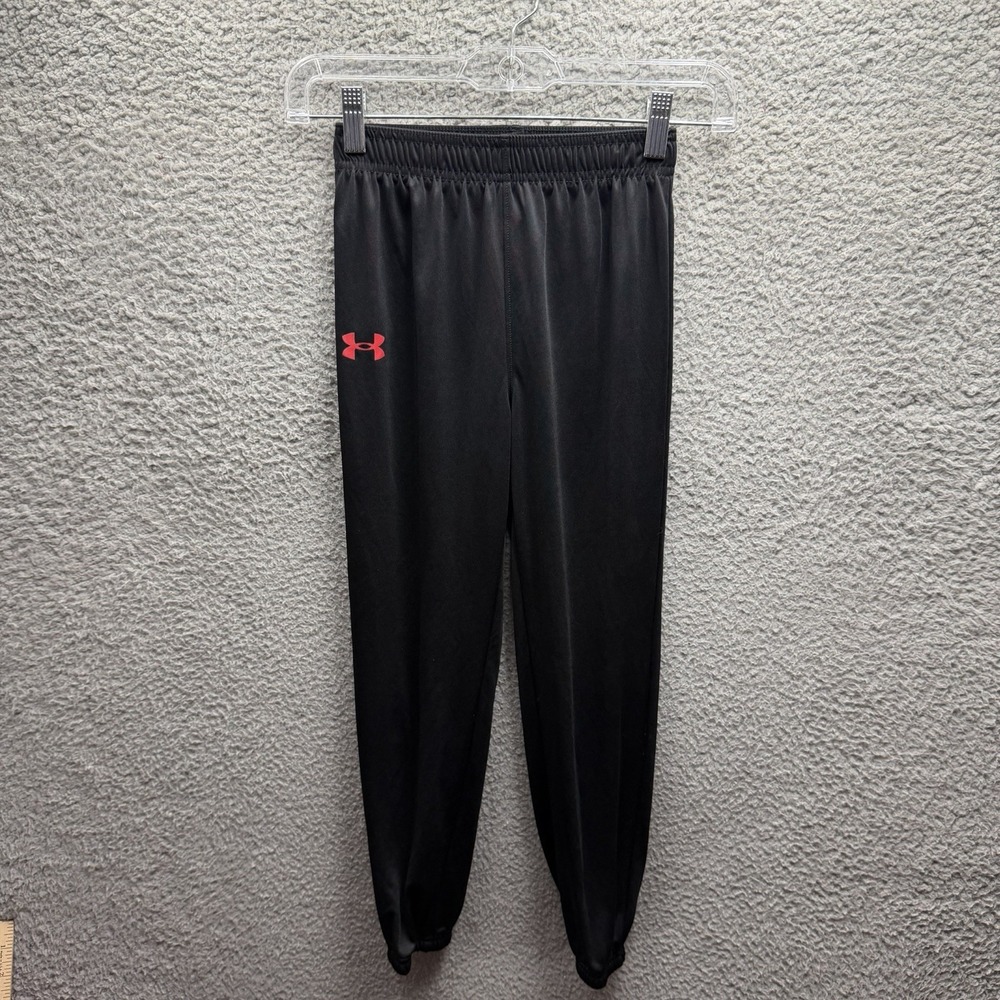 Under Armour Track Pants Boys Size 7 Black With Red Logo Lightweight Track Pants